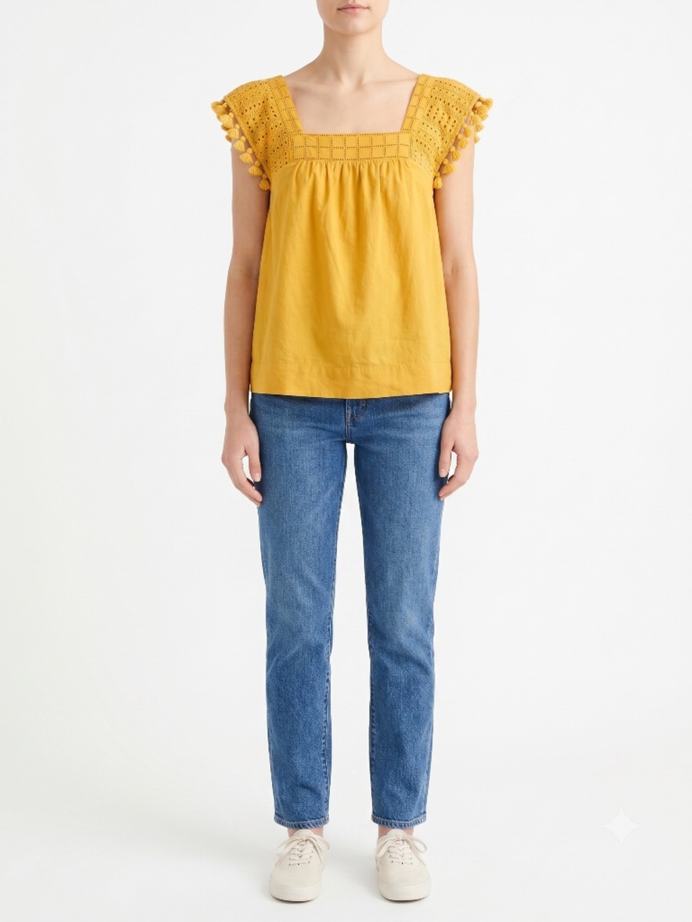 J.Crew Yellow Eyelet Square Neck Blouse Tassel Trim Cotton Top NWT Size 00
